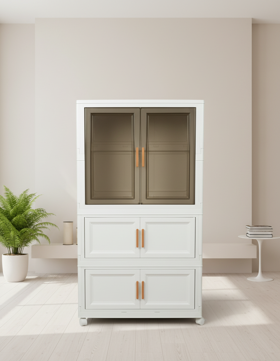 3-Section Display Storage Cabinet White and Warm Oak